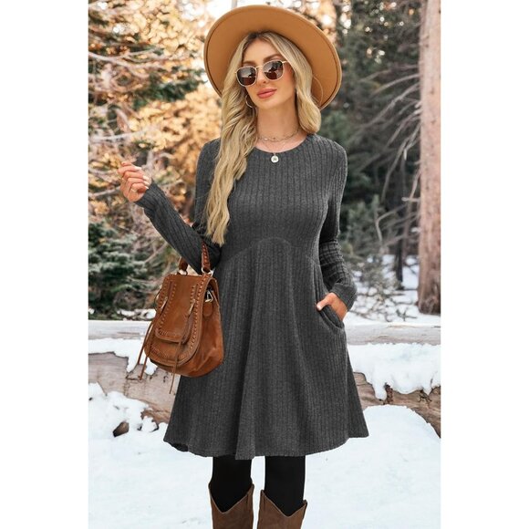 Ofeefan Women Grey Crew Neck Long Sleeve Empire Waist Dress with Pockets - Picture 2 of 5